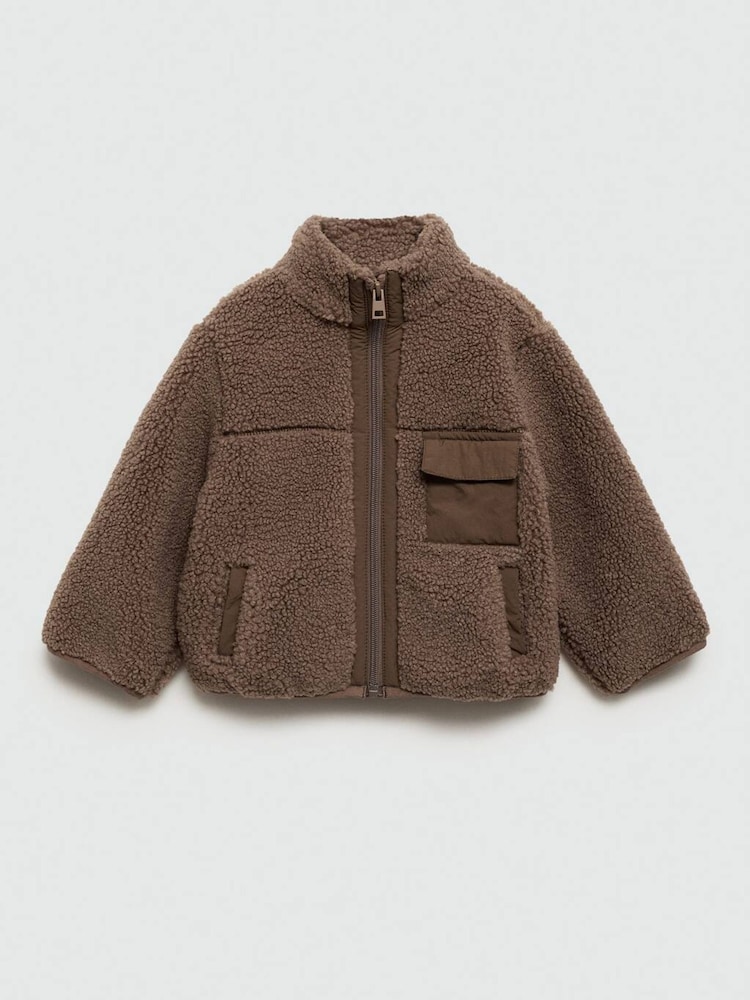 Mango Brown Brown Shearling Zipped Fleece Jacket - Image 1 of 3 Mango Brown Brown Shearling Zipped Fleece Jacket - Image 1 of 3