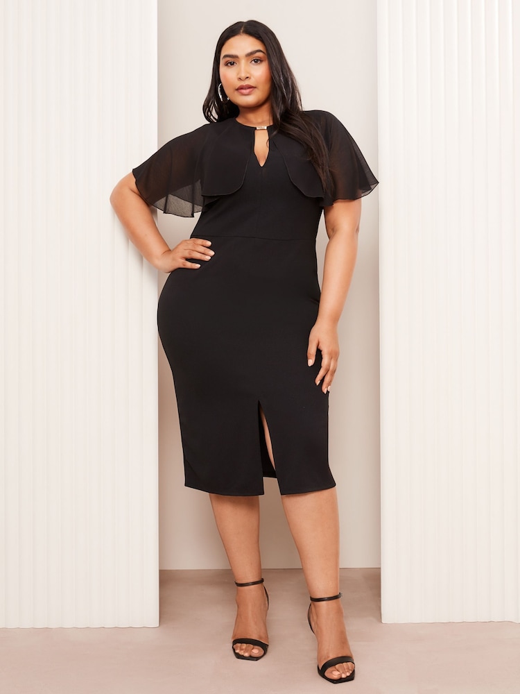 Lipsy Black Curve Woven Mix Cape Sleeve Bodycon Midi Dress With Gold Hardware Trim - Image 1 of 4
