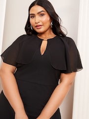 Lipsy Black Curve Woven Mix Cape Sleeve Bodycon Midi Dress With Gold Hardware Trim - Image 3 of 4