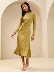 Lipsy Green Petite Ruched Fit and Flare Midi Dress with Gold Trim Detail - Image 1 of 5