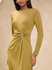 Lipsy Green Petite Ruched Fit and Flare Midi Dress with Gold Trim Detail - Image 2 of 5