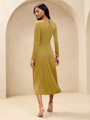 Lipsy Green Petite Ruched Fit and Flare Midi Dress with Gold Trim Detail - Image 3 of 5