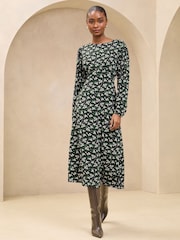 Lipsy Green Long Sleeve Printed Jersey Underbust Midi Dress - Image 2 of 4