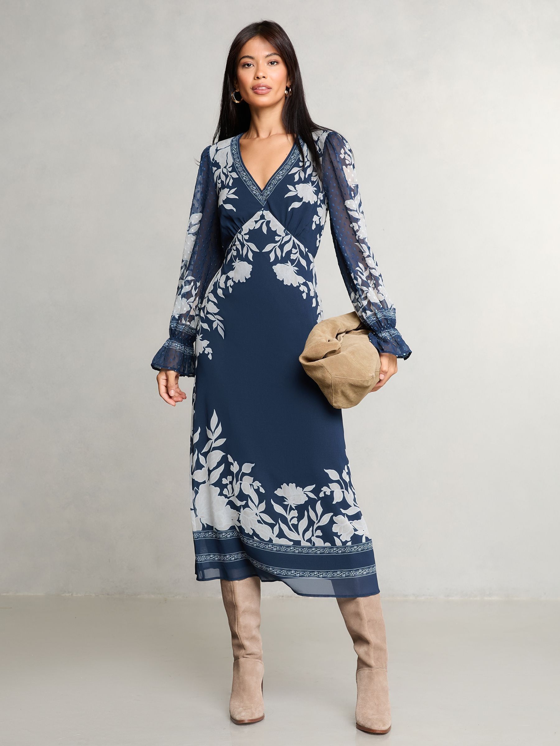 【正規逆輸入品】 Lipsy Buy Navy USA Next from Dress Midi Dobby V-Neck Floral ワンピース
