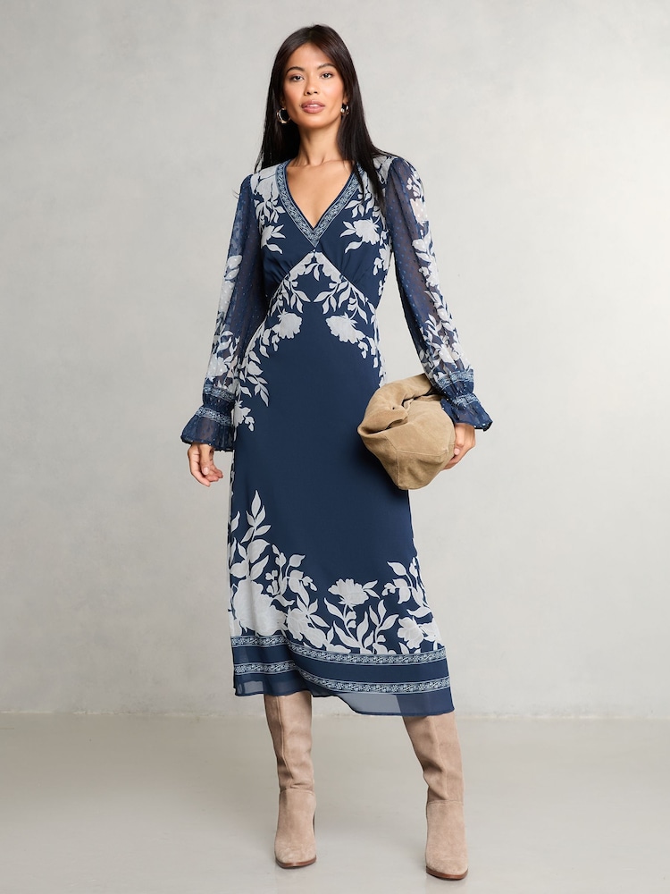 Lipsy Navy Floral V-Neck Dobby Midi Dress - Image 1 of 4