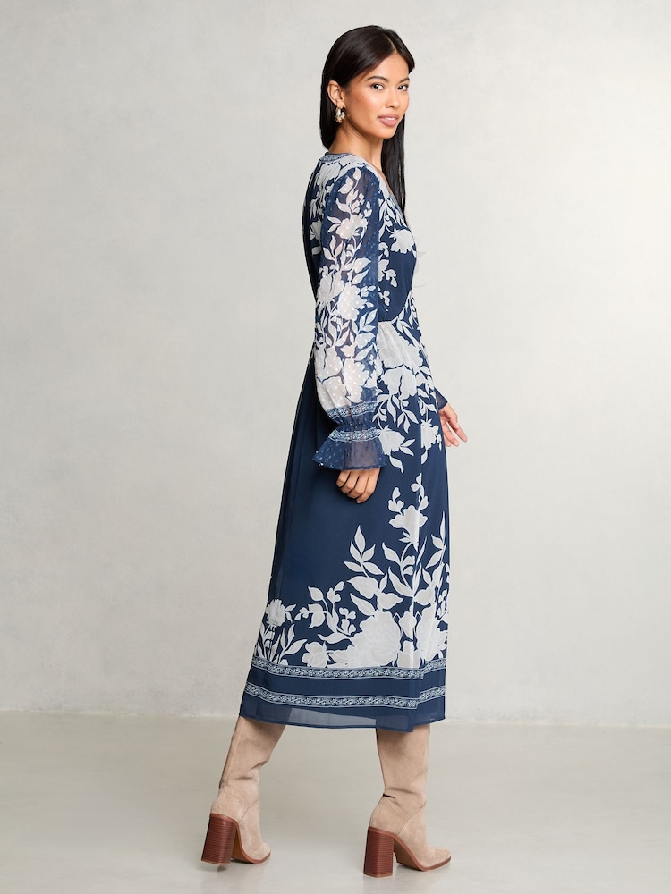 Lipsy Navy Floral V-Neck Dobby Midi Dress - Image 2 of 4