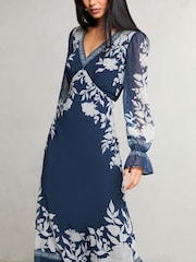 Lipsy Navy Floral V-Neck Dobby Midi Dress - Image 3 of 4
