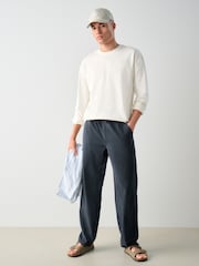 Azul escuro - Waist Calça Linen Denim jeans com elástico - Imagem 3 de 12