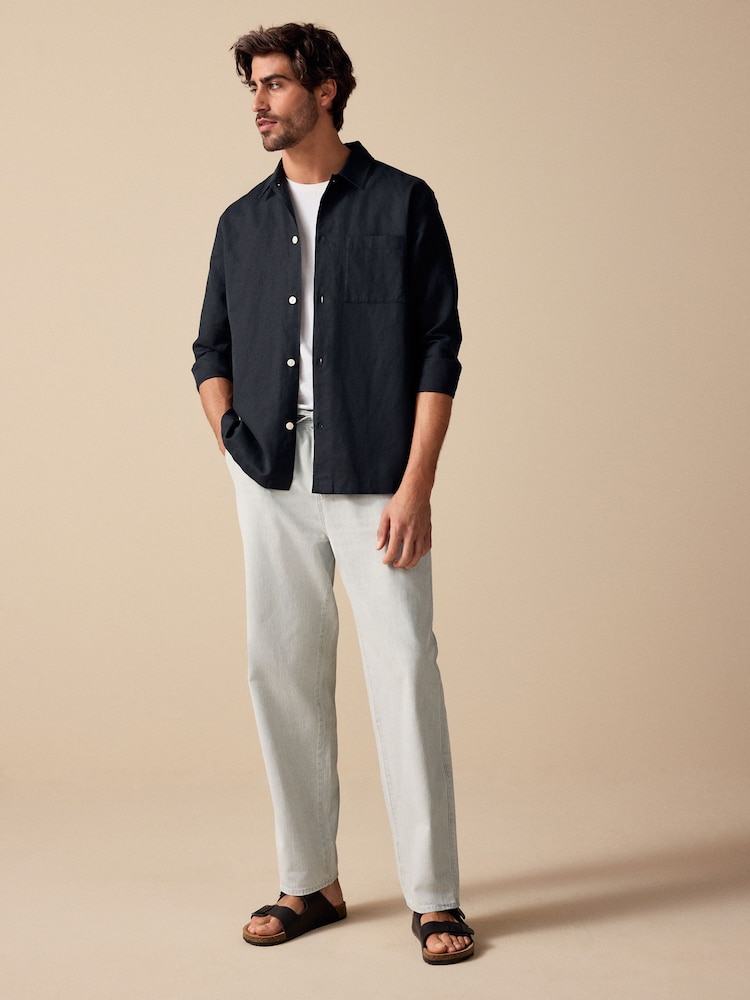 Cinza claro - Waist Calça Linen Denim jeans com elástico - Imagem 2 de 12