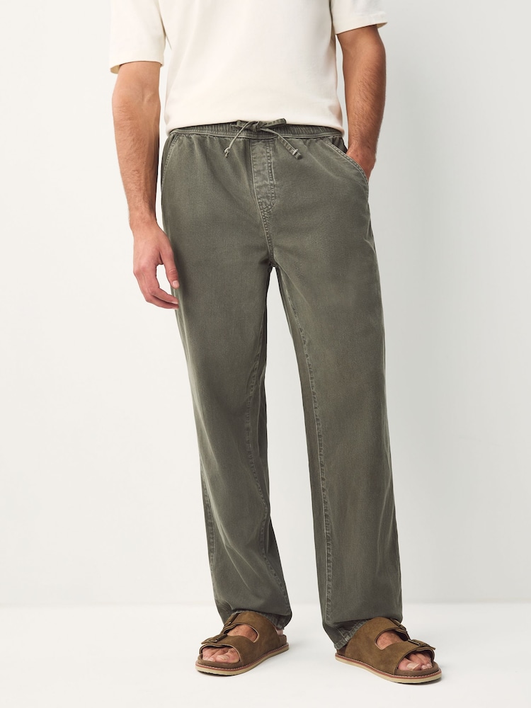 Khaki Green Relaxed Fit Elasticated Waist Cotton Linen Denim Jeans - Image 1 of 11 Khaki Green Relaxed Fit Elasticated Waist Cotton Linen Denim Jeans - Image 1 of 11