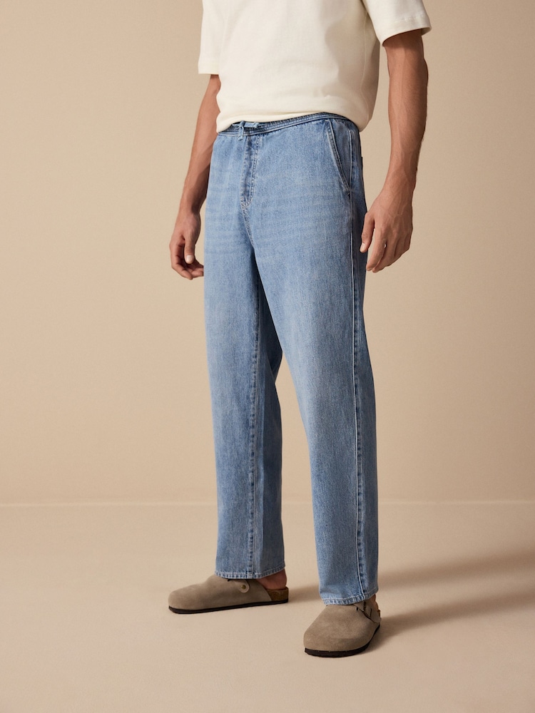 Azul médio - Waist Calça Linen Denim jeans com elástico - Imagem 1 de 11