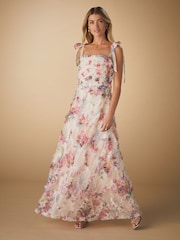 Blush Pink Floral Occasion Mesh 3D Ruffle Tie Strap Maxi Dress - Image 1 of 5