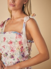 Blush Pink Floral Occasion Mesh 3D Ruffle Tie Strap Maxi Dress - Image 2 of 5