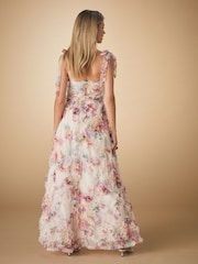 Blush Pink Floral Occasion Mesh 3D Ruffle Tie Strap Maxi Dress - Image 4 of 5