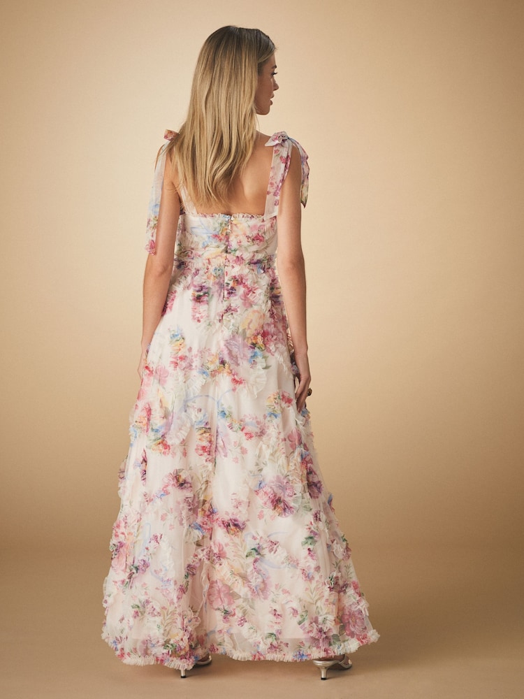 Zachtroze met bloemenprint - Gelegenheid mesh 3D maxi-jurk met ruches en strik - Image 4 of 5