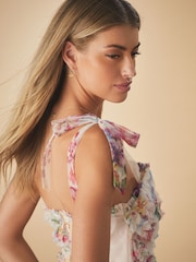 Blush Pink Floral Occasion Mesh 3D Ruffle Tie Strap Maxi Dress - Image 5 of 5