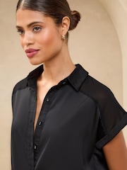 Lipsy Black Satin Shorts Sleeve Button Through Shirt - Image 2 of 4