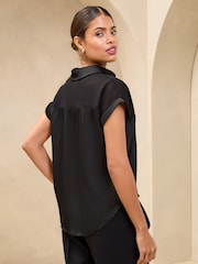 Lipsy Black Satin Shorts Sleeve Button Through Shirt - Image 4 of 4