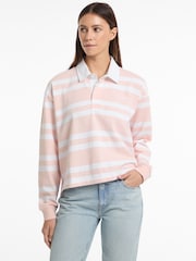 Guess Jeans Pink Stripe Long Sleeve Rugby 100% Cotton Polo Shirt - Image 1 of 5