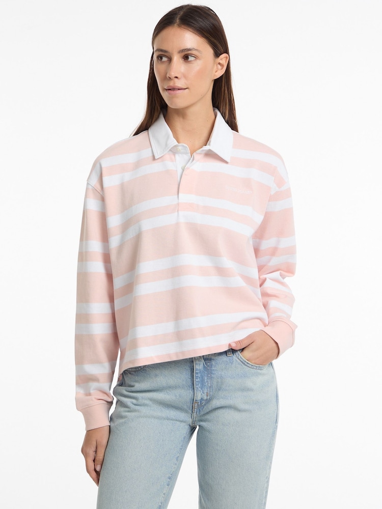 Guess Jeans Pink Stripe Long Sleeve Rugby 100% Cotton Polo Shirt - Image 1 of 5