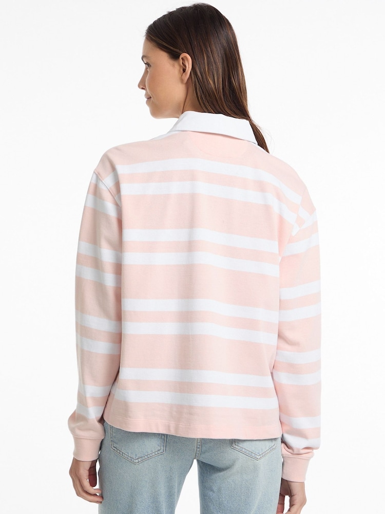 Guess Jeans Pink Stripe Long Sleeve Rugby 100% Cotton Polo Shirt - Image 2 of 5
