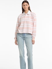 Guess Jeans Pink Stripe Long Sleeve Rugby 100% Cotton Polo Shirt - Image 3 of 5