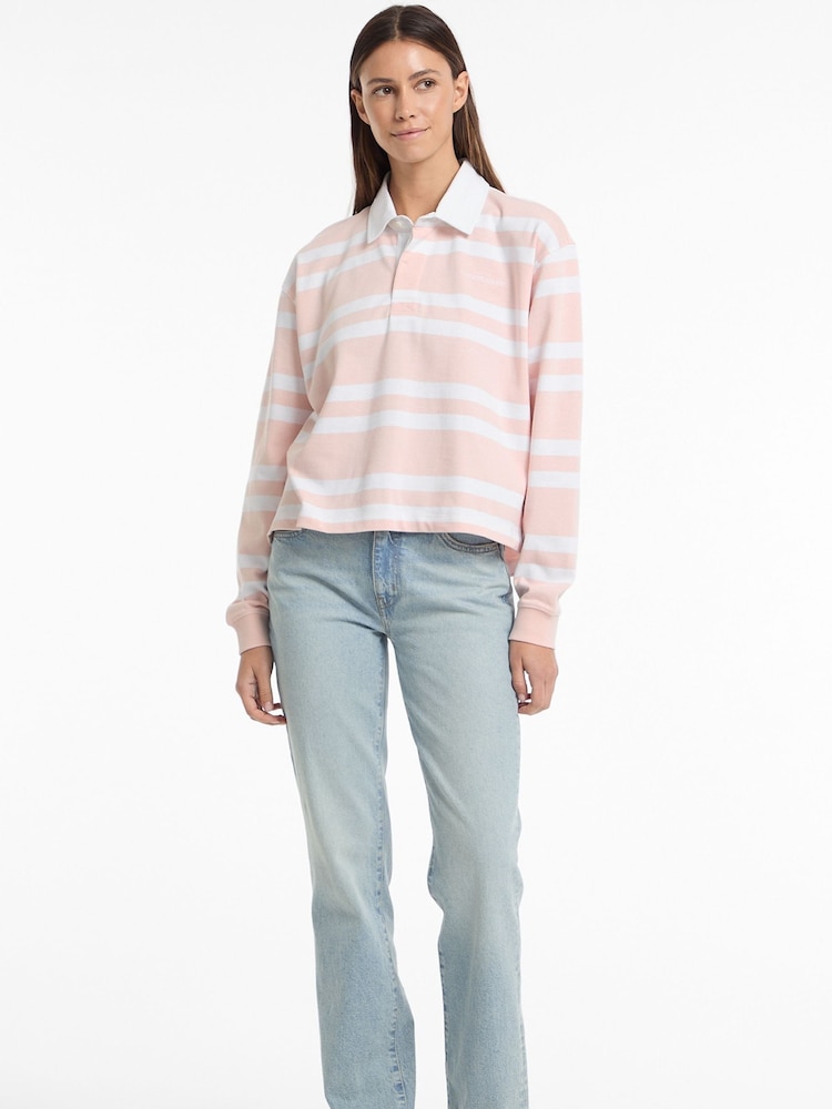 Guess Jeans Pink Stripe Long Sleeve Rugby 100% Cotton Polo Shirt - Image 3 of 5