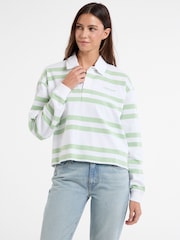 Guess Jeans Green Stripe Long Sleeve Rugby 100% Cotton Polo Shirt - Image 1 of 4