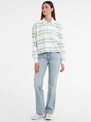 Guess Jeans Green Stripe Long Sleeve Rugby 100% Cotton Polo Shirt - Image 3 of 4