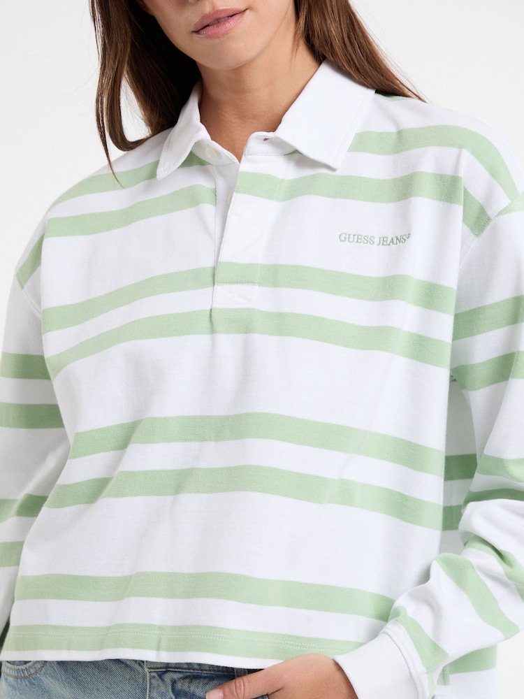 Guess Jeans Green Stripe Long Sleeve Rugby 100% Cotton Polo Shirt - Image 4 of 4