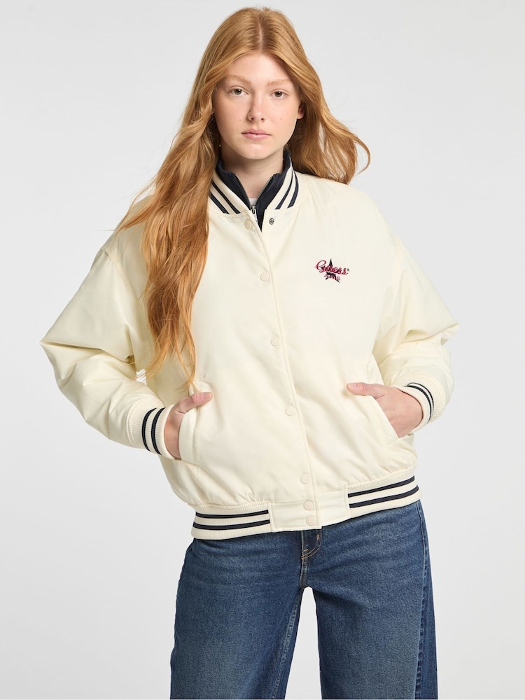 Guess Jeans White Embroidered Varsity Logo Bomber Jacket - Image 1 of 7