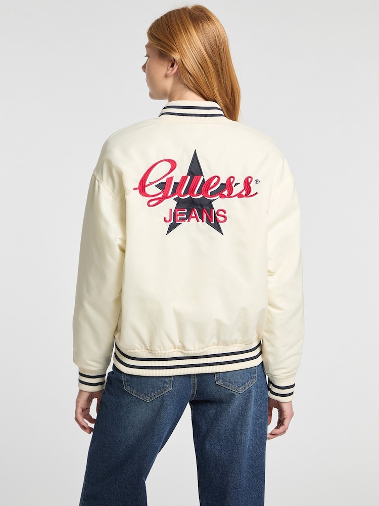 Guess Jeans White Embroidered Varsity Logo Bomber Jacket - Image 2 of 7