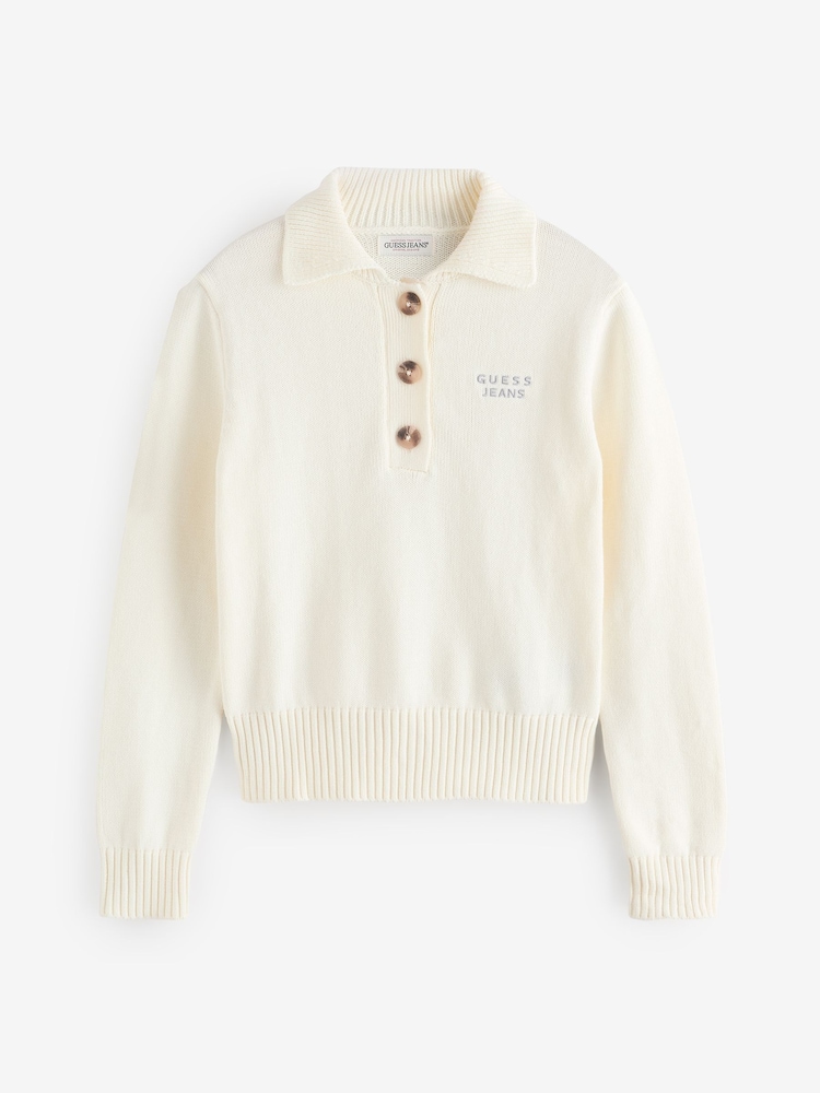 Guess Jeans Cream 100% Cotton Long Sleeve Knitted Button Polo Callar Jumper - Image 1 of 1