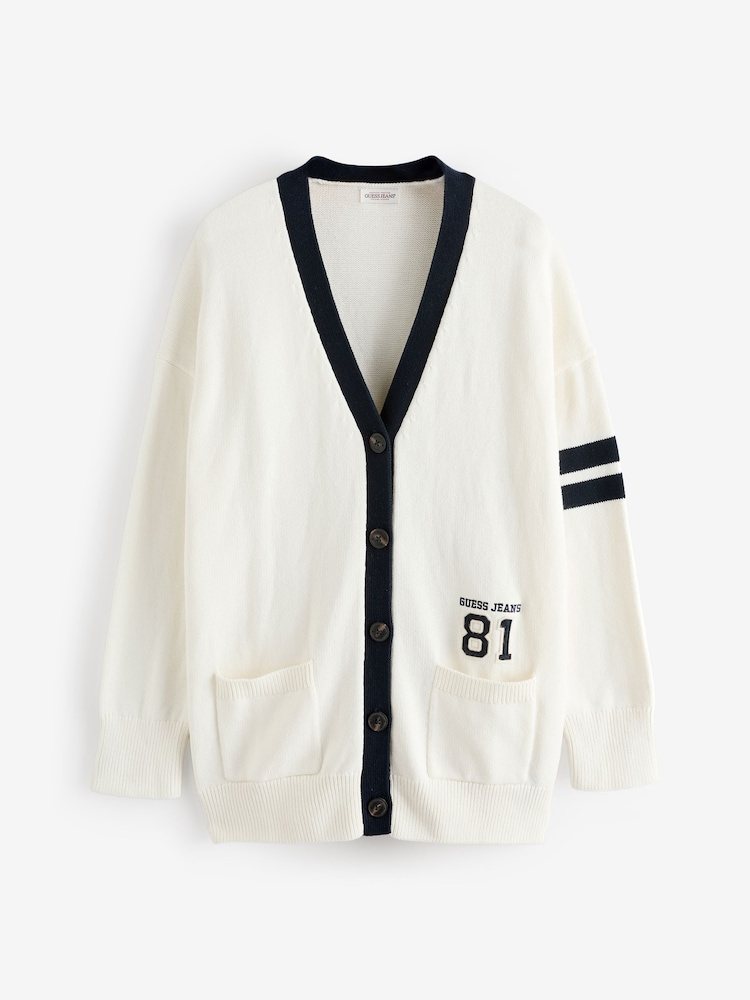 Guess Jeans Cream 100% Cotton Varsity Knitted Cardigan - Image 1 of 2