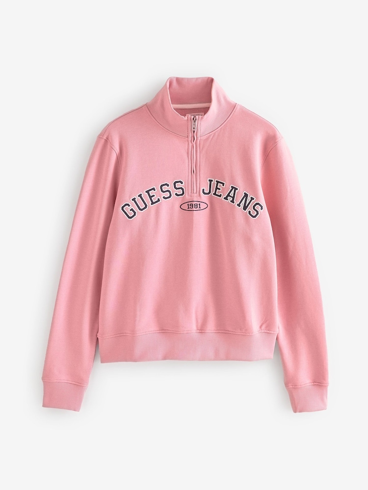 Guess Jeans Pink 100% Cotton Varsity Logo Half Zip Jersey Sweatshirt - Image 1 of 1