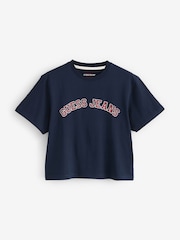 Guess Jeans Navy 100% Cotton Varsity Logo Boxy Cropped T-Shirt - Image 1 of 1