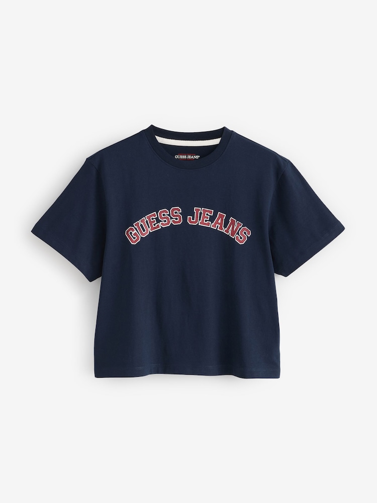 Guess Jeans Navy 100% Cotton Varsity Logo Boxy Cropped T-Shirt - Image 1 of 1