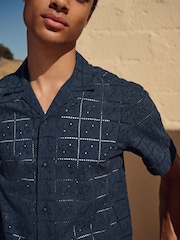 Navy Blue 100% Cotton Textured Broderie Short Sleeve Shirt - Image 1 of 7