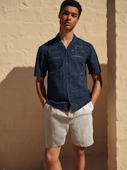 Navy Blue 100% Cotton Textured Broderie Short Sleeve Shirt - Image 2 of 7