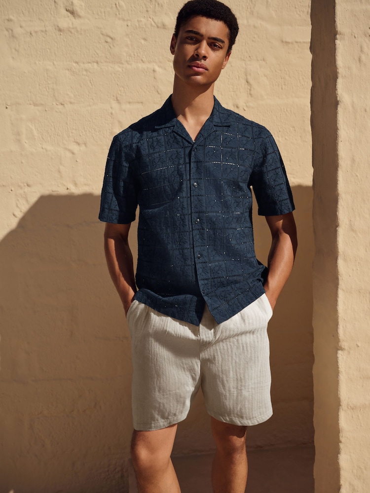 Navy Blue 100% Cotton Textured Broderie Short Sleeve Shirt - Image 2 of 7