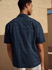 Navy Blue 100% Cotton Textured Broderie Short Sleeve Shirt - Image 3 of 7