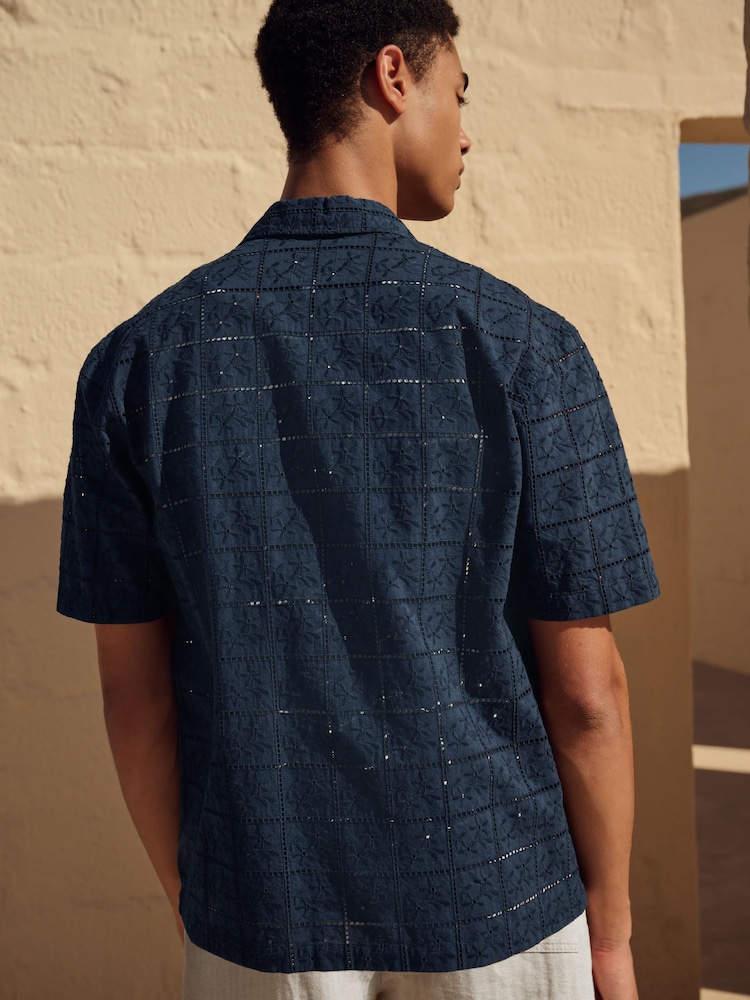Navy Blue 100% Cotton Textured Broderie Short Sleeve Shirt - Image 3 of 7