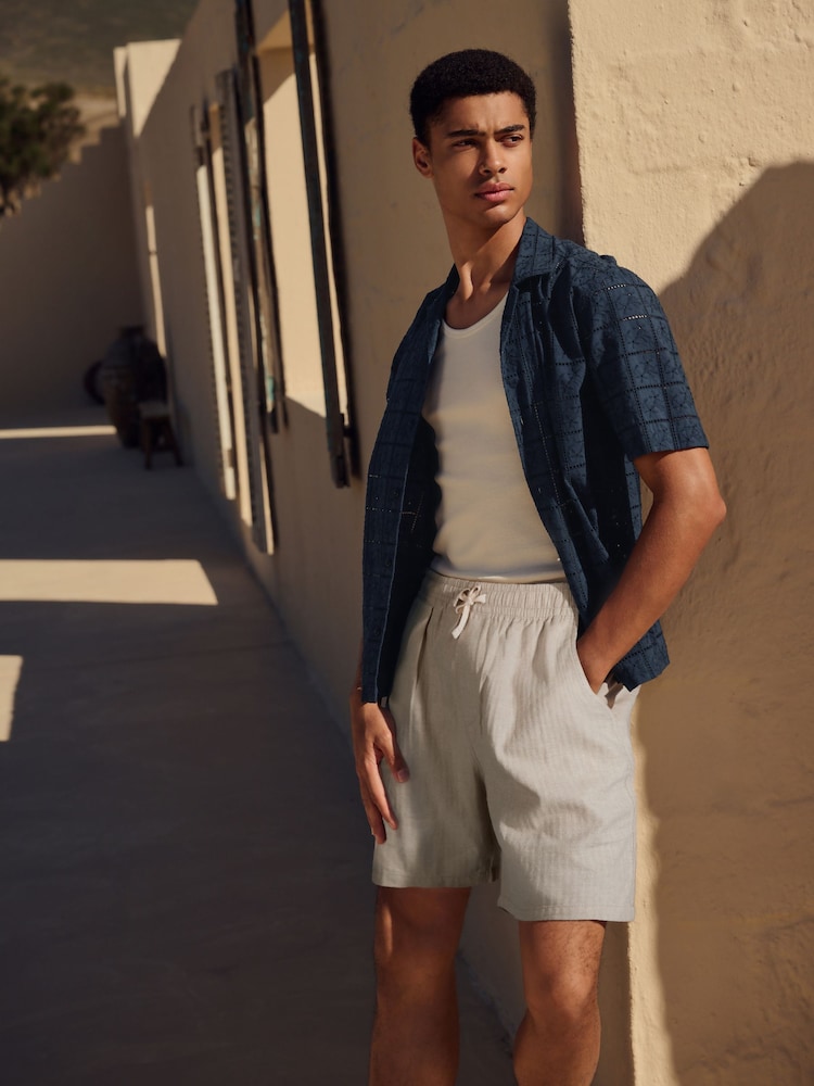 Navy Blue 100% Cotton Textured Broderie Short Sleeve Shirt - Image 4 of 7