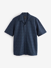 Navy Blue 100% Cotton Textured Broderie Short Sleeve Shirt - Image 5 of 7