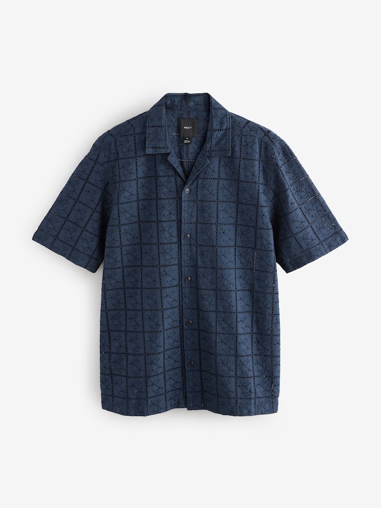 Navy Blue 100% Cotton Textured Broderie Short Sleeve Shirt - Image 5 of 7