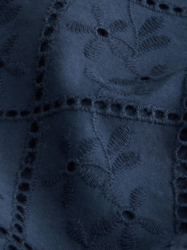 Navy Blue 100% Cotton Textured Broderie Short Sleeve Shirt - Image 6 of 7