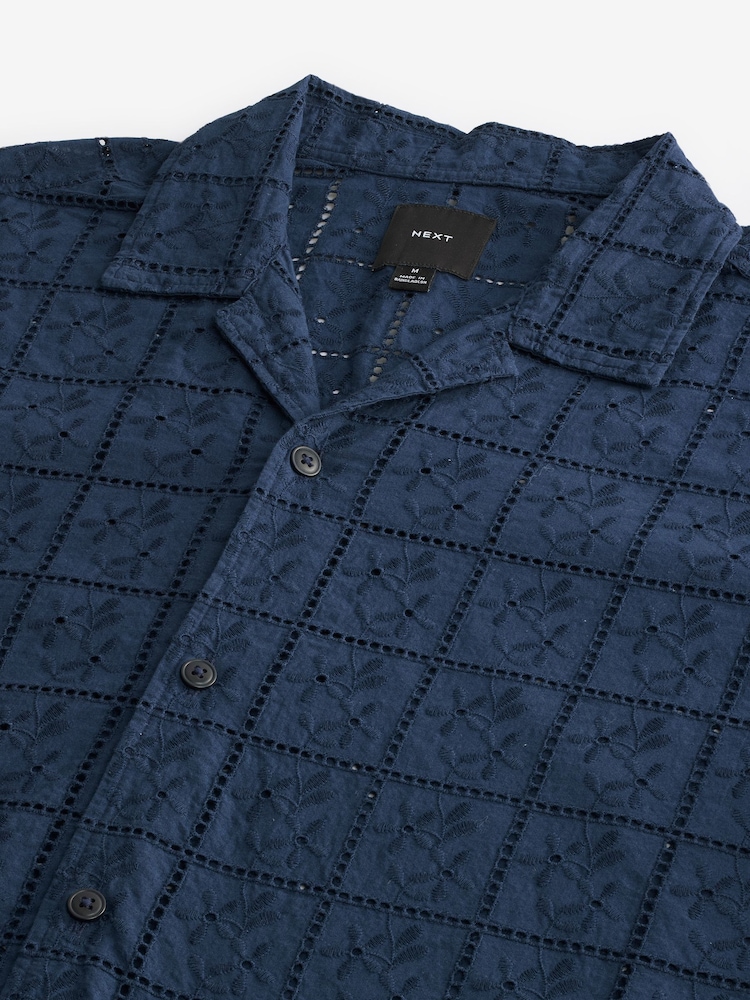 Navy Blue 100% Cotton Textured Broderie Short Sleeve Shirt - Image 7 of 7