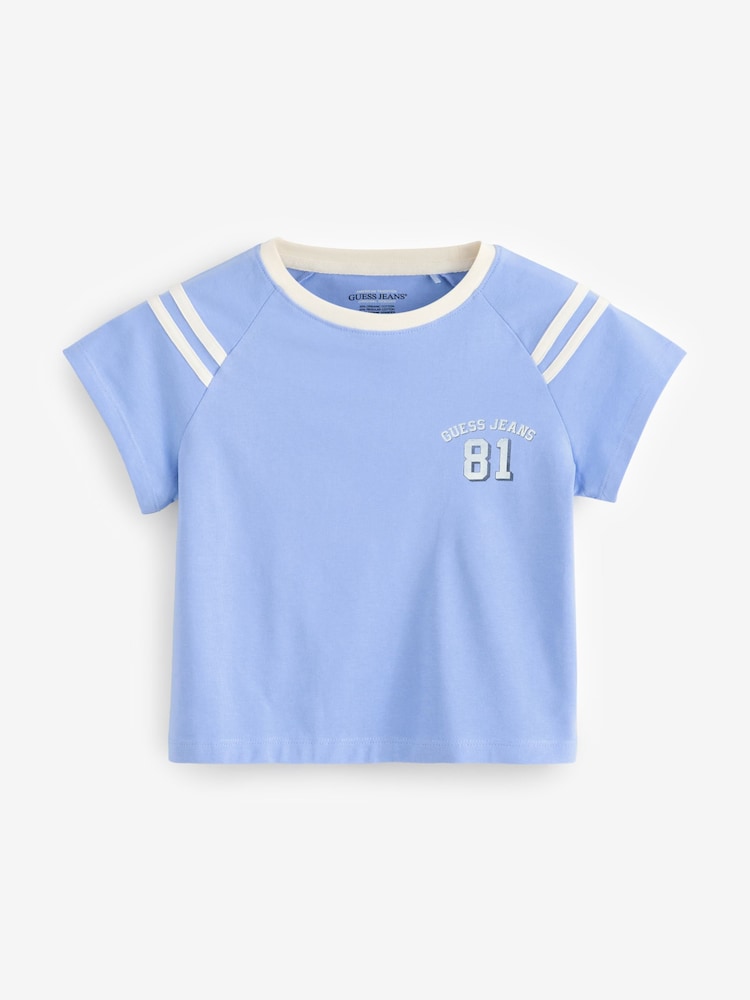 Guess Jeans Light Blue Baby 100% Cotton Varsity Logo Cropped T-Shirt - Image 1 of 1