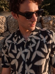 Navy Blue Floral Printed Short Sleeve Shirt - Image 1 of 7