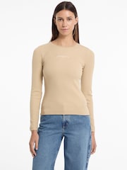 Guess Jeans Beige 100% Cotton Long Sleeve Logo T-Shirt - Image 1 of 5